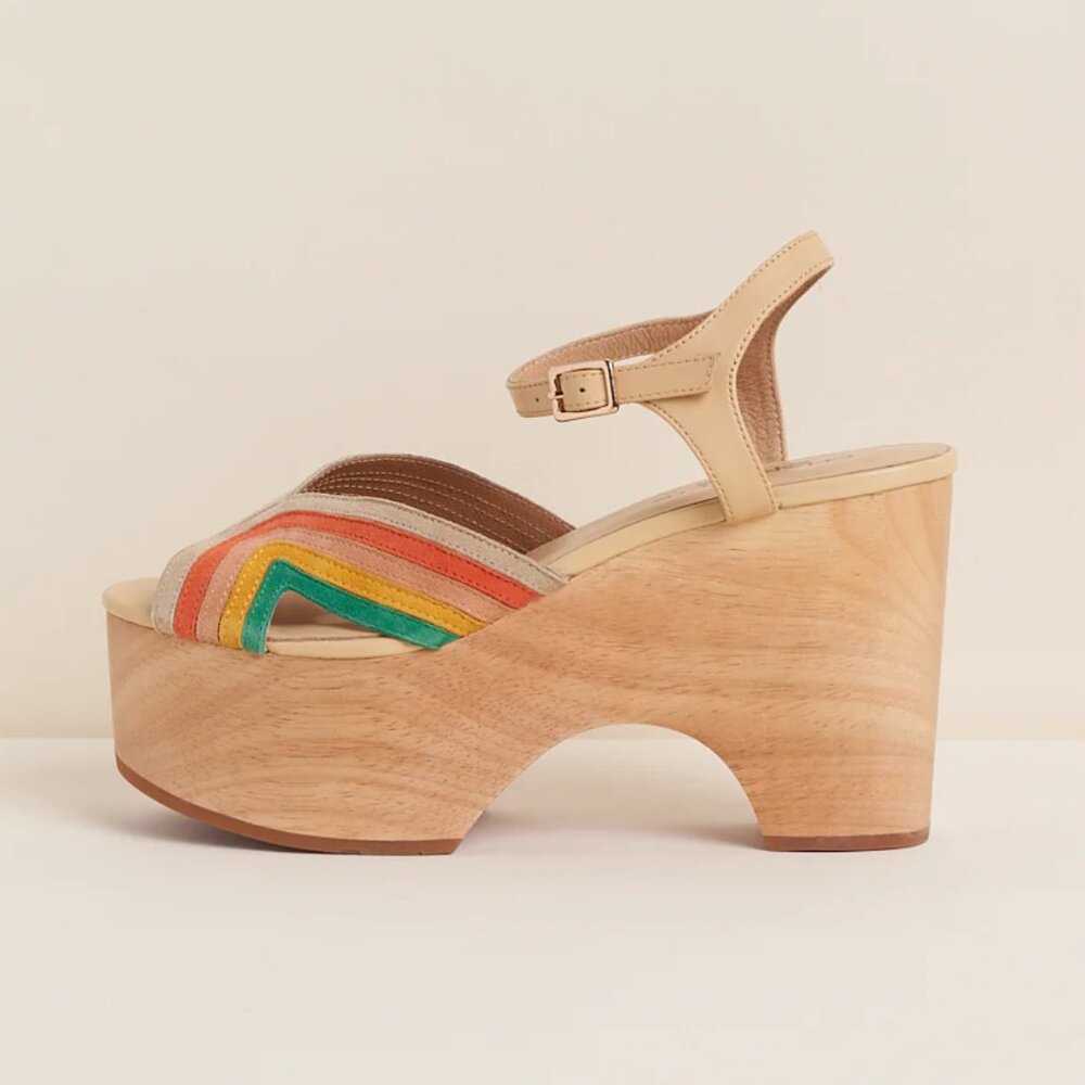 Charlotte Stone Beige Platform Sandals with Rainbow Stripes